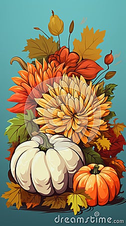 vector illustration of a bouquet of autumn flowers and pumpkins on a blue background Cartoon Illustration