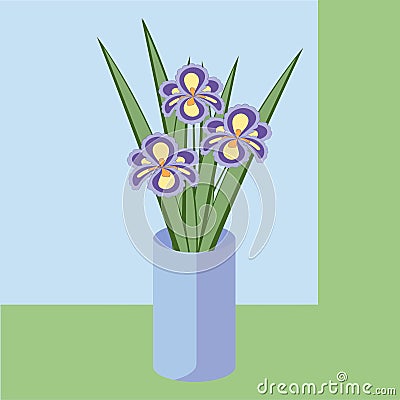 Vector illustration of bouquet of iris flowers. Card of purple flowers. Vector Illustration