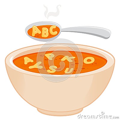 Bowl of alphabet pasta soup and spoon. Vector illustration. Vector Illustration