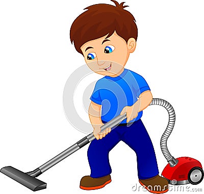 Boy Cleaning The Floor With Vacuum Cleaner Vector Illustration