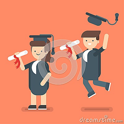 Vector illustration of boy and girl in Graduate Costumes. Vector Illustration