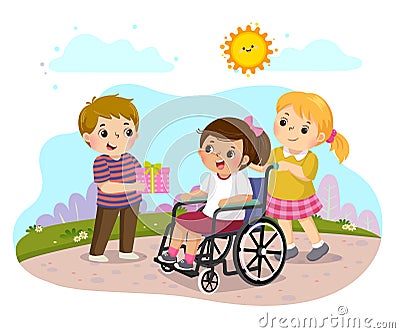 A boy giving a present to a little disabled girl in a wheelchair Vector Illustration