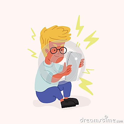 Boy playing gadget. child with tablet. kid gamer Vector Illustration