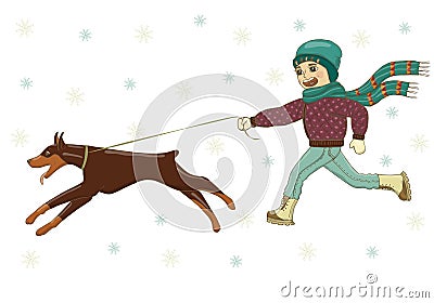 Vector illustration of a boy walking with a dog Doberman on the street in winter. In hat, in scarf, jacket, jeans, boots, mittens. Vector Illustration