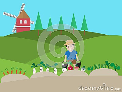 Vector illustration of a boy watering vegetable Vector Illustration