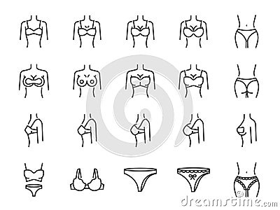 Brassiere line icon set. Included the icons as bra, sport bra, cup sizes, lingerie, underwear, silicone pad, nipple sticker and mo Vector Illustration