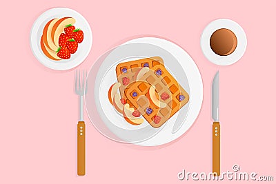 Vector illustration of breakfast with coffee waffles and berries on a pink background. Belgian waffles with blackberries Vector Illustration