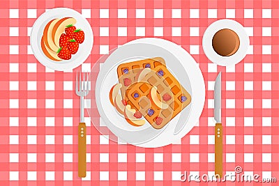 Vector illustration of breakfast with coffee waffles and berries on a red checkered tablecloth. Belgian waffles with Vector Illustration