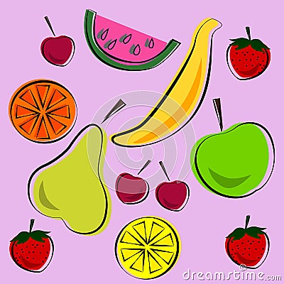 Vector illustration of bright color set of fruits. Vector Illustration