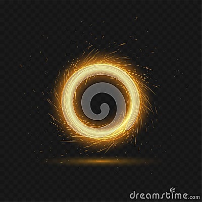 Vector illustration of bright fiery magical portal with reflection, glowing lights in shape of sparkling circle on dark Vector Illustration