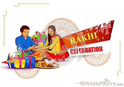 Brother and sister tying decorated Rakhi for Indian festival Raksha Bandhan Vector Illustration