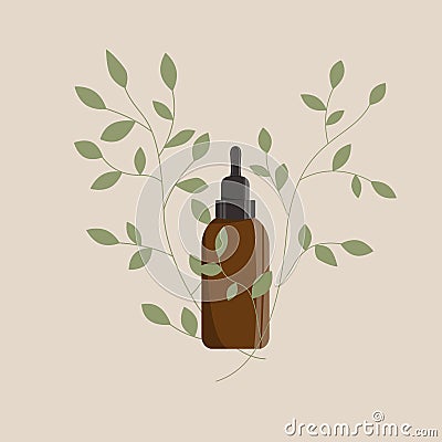 Vector illustration of brown amber glass bottle with pipette with herbal essential oil green plants twigs on pastel pink Vector Illustration