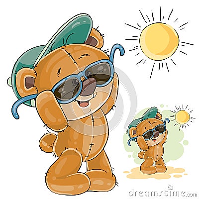 Vector illustration of a brown teddy bear in a cap and sunglasses enjoying the bright sun Vector Illustration