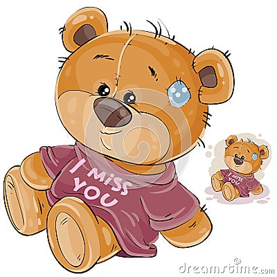 Vector illustration of a brown teddy bear dressed in a T-shirt with the inscription I miss you Vector Illustration
