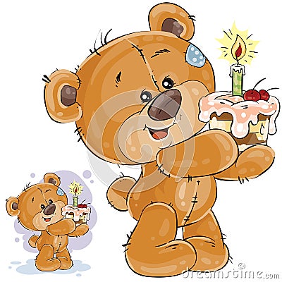 Vector illustration of a brown teddy bear holding a cake with a candle in its paws Vector Illustration