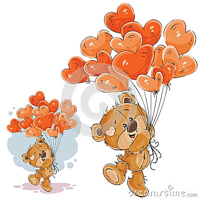 Vector illustration of a brown teddy bear holding in its paw a red balloons in the shape of a heart Vector Illustration