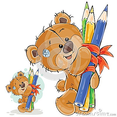 Vector illustration of a brown teddy bear holding in its paws a bunch of pencils Vector Illustration