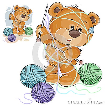 Vector illustration of a brown teddy bear holding a knitting needle in its paw and tangled in threads Vector Illustration