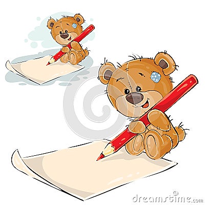 Vector illustration of a brown teddy bear holding a pencil in his paws and writing it on a paper Vector Illustration