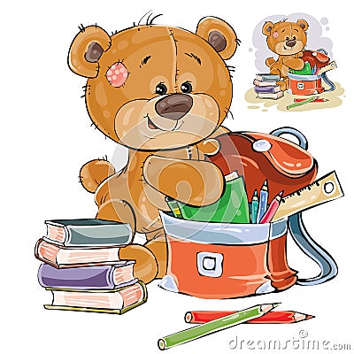 Vector illustration of a brown teddy bear holds books and pencils in a school satchel. Vector Illustration