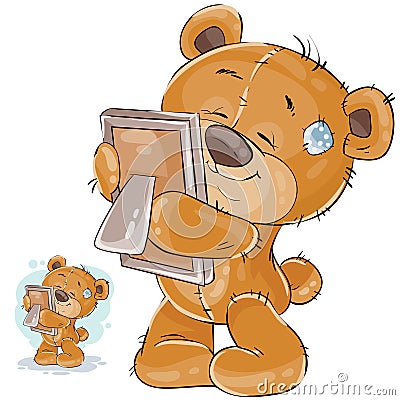 Vector illustration of a brown teddy bear misses someone and hugs a photo Vector Illustration