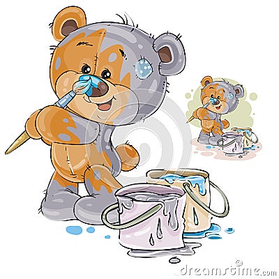 Vector illustration of a brown teddy bear paints itself in gray, and its nose in blue Vector Illustration