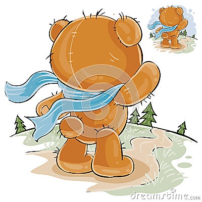 Vector illustration of a brown teddy bear sad standing in the wind, looking at the road and waiting for someone Vector Illustration