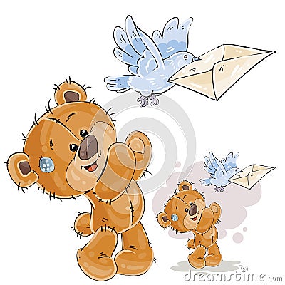 Vector illustration of a brown teddy bear sends a letter in a mail envelope using a mail pigeon Vector Illustration