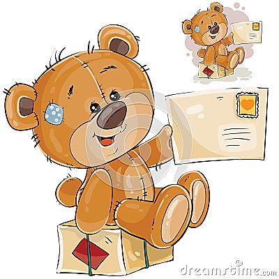 Vector illustration of a brown teddy bear sitting on a postal parcel and holding in its paw received letter Vector Illustration