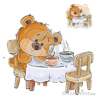 Vector illustration of a brown teddy bear sitting at a table with two cups and missing someone Vector Illustration