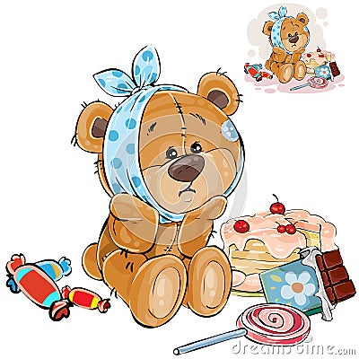 Vector illustration of a brown teddy bear sweet tooth ate a lot of sweets and now he has a toothache Vector Illustration