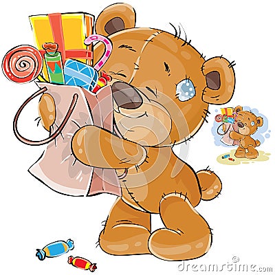 Vector illustration of a brown teddy bear sweet tooth embracing with its paws a cardboard package with sweets Vector Illustration