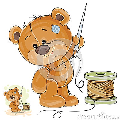 Vector illustration of a brown teddy bear tailor holding in his paw needle and thread, needlework Vector Illustration