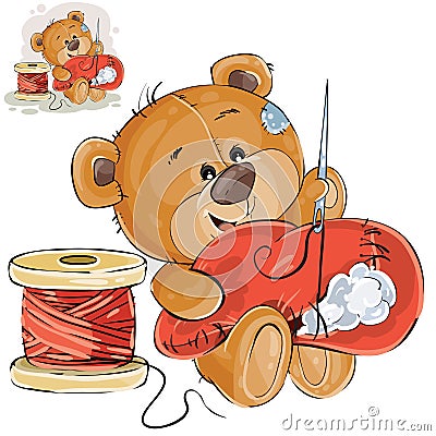 Vector illustration of a brown teddy bear tailor holding in his paw needle and thread and sewing something, needlework Vector Illustration