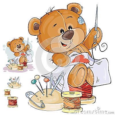 Vector illustration of a brown teddy bear tailor sews a red patch in the shape of a heart Vector Illustration