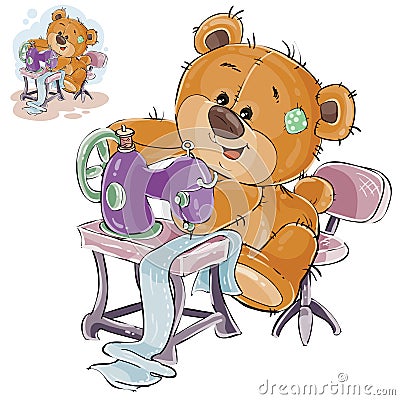 Vector illustration of a brown teddy bear tailor sews something on a sewing machine, needlework Vector Illustration