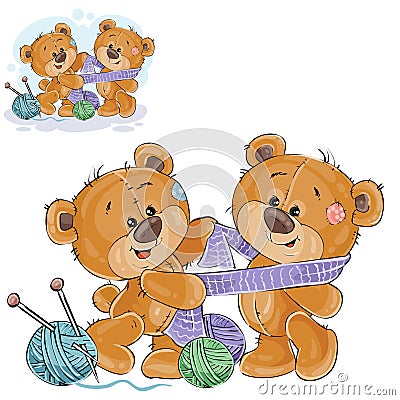 Vector illustration of a brown teddy bear tie a knitted scarf on the neck of another teddy bear Vector Illustration