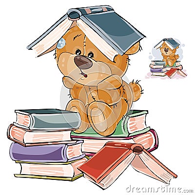 Vector illustration of a brown teddy bear tired of studying and put an open book on his head Vector Illustration