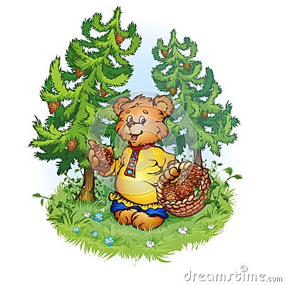 Vector illustration of bruin bear with pine cones Vector Illustration