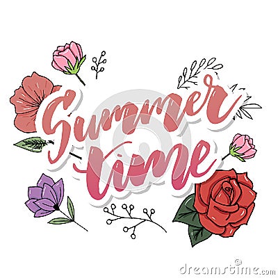 Vector illustration: Brush lettering composition of Summer Vacation isolated on white background Cartoon Illustration