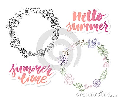 Vector illustration: Brush lettering composition of Summer Vacation slogan Hello summer Sale Set Cartoon Illustration