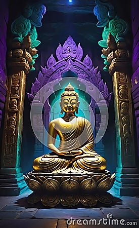 vector illustration, buddha statue in the temple, modern style, beautiful background for smartphone, Cartoon Illustration