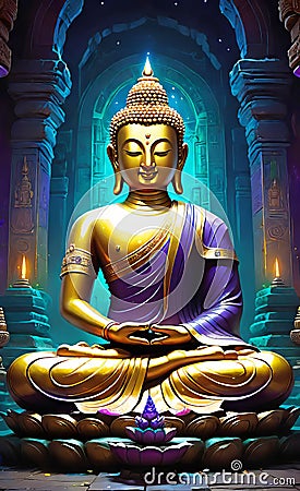vector illustration, buddha statue in the temple, modern style, beautiful background for smartphone, Cartoon Illustration