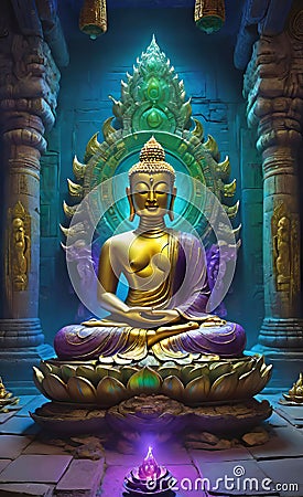 vector illustration, buddha statue in the temple, modern style, beautiful background for smartphone, Cartoon Illustration