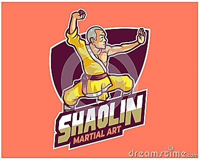 Buddhism Traditional Shaolin Kungfu Master Cartoon Mascot Logo Badge Vector Illustration