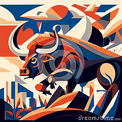 Vector illustration of a bull on the background of the city. Vector illustration Generative AI Cartoon Illustration