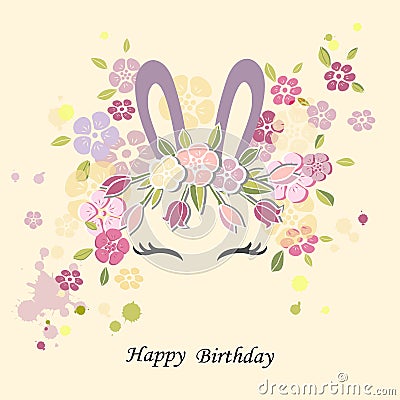 Vector illustration with Bunny ears, smiling eyes, flower wreath. Cartoon Illustration