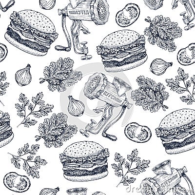 Burger engaved seamless pattern. Fast food background. Vector illustration Vector Illustration