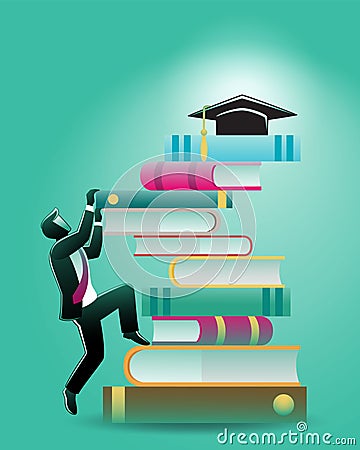 Vector illustration of business concept, a businessman climbing stack of book to reach graduation hat Vector Illustration