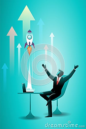 Vector illustration of business concept, businessman sitting on chair with rocket blast off from laptop Vector Illustration